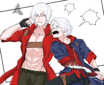 2boys abs anger_vein aonano_db bare_pectorals black_gloves black_pants blank_speech_bubble blue_coat blue_eyes chest_strap coat collarbone collared_coat commentary commentary_request dante_(devil_may_cry) devil_may_cry devil_may_cry_(series) devil_may_cry_3 devil_may_cry_4 eye_contact fingernails gloves groin hand_on_another&#039;s_head highres holding holding_weapon hooded_shirt looking_at_another looking_to_the_side male_focus multiple_boys nero_(devil_may_cry) open_clothes open_coat open_mouth pants pectorals popped_collar red_coat red_shirt shirt shouting sideways_glance speech_bubble squiggle teeth time_paradox toned toned_male uncle_and_nephew weapon white_hair zipper zipper_pull_tab