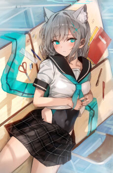 1girl absurdres animal_ear_fluff animal_ears aqua_eyes aqua_neckerchief aqua_scarf averting_eyes black_one-piece_swimsuit black_sailor_collar black_skirt blue_archive blue_halo blush breasts chair checkered_clothes checkered_skirt classroom closed_mouth commentary competition_swimsuit covered_navel cross_hair_ornament desk extra_ears grey_hair hair_ornament halo hidulume highres lying medium_hair mismatched_pupils neckerchief notebook on_back on_desk one-piece_swimsuit paperclip pen sailor_collar scarf school_chair school_desk school_uniform scissors serafuku shiroko_(blue_archive) sideways_glance sitting skirt skirt_partially_removed small_breasts solo swimsuit swimsuit_under_clothes unworn_scarf white_serafuku wolf_ears wolf_girl