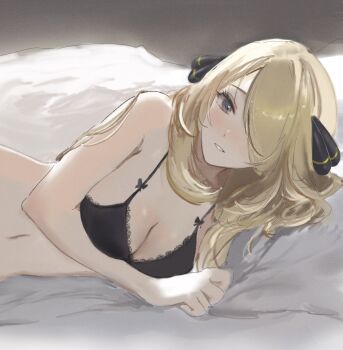 1girl black_bra blonde_hair bra breasts cleavage commentary_request cynthia_(pokemon) grey_eyes hair_ornament highres lace lace-trimmed_bra lace_trim long_hair looking_at_viewer lying medium_breasts navel nintendo on_bed on_side one_eye_covered parted_lips pokemon pokemon_dppt pov_across_bed ringosan2329 sidelocks smile solo swept_bangs underwear upper_body