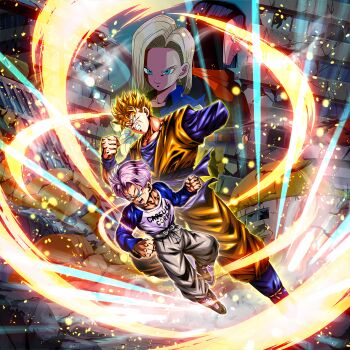 1girl 3boys absurdres android_17 android_18 aura black_hair blonde_hair blue_eyes dragon_ball dragon_ball_legends green_eyes highres multiple_boys muscular muscular_male official_art purple_hair serious son_gohan son_gohan_(future) super_saiyan trunks_(dragon_ball) trunks_(future)_(dragon_ball)