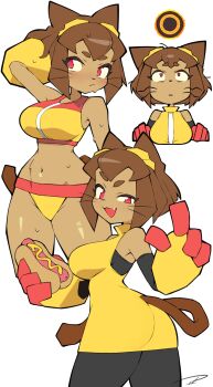 1girl :d absurdres alternate_costume animal_ears ao_(aokisora_ao) bikini body_fur breasts brown_fur brown_hair cat_ears cat_girl cat_tail closed_mouth commentary_request curvy dress fang food furry furry_female gameoverse goggles goggles_on_head highres holding holding_food hot_dog kit_bodega large_breasts looking_at_viewer looking_up lowleg lowleg_bikini multiple_views navel official_alternate_costume open_mouth red_eyes short_hair simple_background sleeveless sleeveless_dress smile solo swimsuit tail whiskers white_background wide_hips yellow_bikini yellow_dress