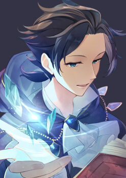 1boy ascot blue_eyes blue_gemstone book brown_hair capelet commentary_request crystal cyrus_albright floating_clothes gem grey_background highres looking_at_viewer looking_to_the_side low_ponytail magic male_focus octopath_traveler octopath_traveler_i open_book open_hand open_mouth parted_bangs ponytail purple_capelet short_ponytail solo tarayuki upper_body white_ascot