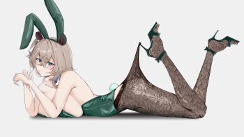 absurdres animal_ears ass bare_shoulders black_pantyhose blush breasts brown_hair cleavage fake_animal_ears fake_tail fishnet_pantyhose fishnets full_body green_eyes high_heels highres indie_virtual_youtuber lace_pantyhose large_breasts lying meme_request nimi_nightmare on_stomach pantyhose punpond rabbit_ears rabbit_tail short_hair side_ponytail simple_background tail tapir_girl tapir_tail the_pose virtual_youtuber white_background