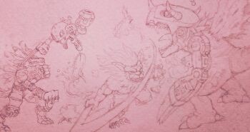 Rule 34 | cyborg, digimon, digimon (creature), highres, leomon, metalgreymon (virus), metalmamemon, open mouth, tongue, tongue out, weregarurumon