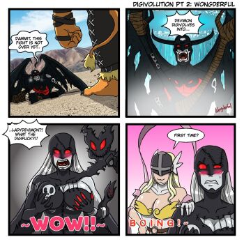 abs angel angewomon artist_request breasts demon demon_girl devimon digimon embarrassed evolution genderswap genderswap_(mtf) highres ladydevimon large_breasts leomon lion parody transformation wings