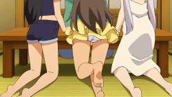 1boy 3girls accidental_exposure adachi_tenka age_difference animated anime_screenshot ass black_hair blue_eyes breast_sucking breasts brown_eyes brown_hair dress english_text hair_ornament hand_fan komako_semenovich licking_nipple loli multiple_girls nipple_stimulation nipples sayama_chie shirt shorts shoujo_ramune sitting sitting_on_lap sitting_on_person skirt small_breasts sound subtitled tagme tank_top teasing toy twintails video white_hair