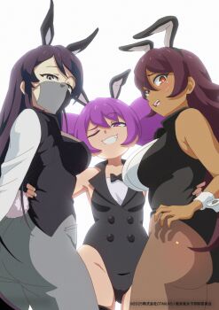 3girls absurdres animal_ear_hairband animal_ears ass black_hair blush breasts brown_hair cam_(otachan) dark-skinned_female dark_skin fake_animal_ears fake_tail grey_eyes grin hairband highres kon_(otachan) large_breasts leotard looking_at_viewer mask medium_breasts mouth_mask multiple_girls official_alternate_costume official_art one_eye_closed otachan otachanshow playboy_bunny purple_eyes purple_hair rabbit_ear_hairband rabbit_ears rabbit_tail red_eyes smile sweat tail the_otachan_show white_wrist_cuffs wrist_cuffs