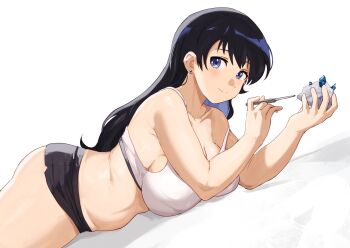 1girl akihitoevon arato_nagi black_hair blue_eyes bra breasts closed_mouth earrings highres jewelry large_breasts long_hair looking_at_viewer lying micro_shorts on_stomach rock ruri_no_houseki shorts simple_background smile solo strap_slip stud_earrings underwear white_background white_bra