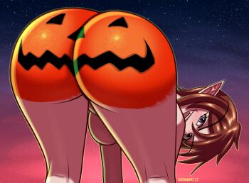 1girl artist_name ass bent_over blue_eyes borrowed_character breasts brown_hair character_locke_(tastefullewds) commentary completely_nude deadmann_artworks english_commentary highres huge_ass looking_at_viewer looking_back nude original paint_on_ass pointy_ears pumpkin shiny_skin short_hair sky smile solo star_(sky)