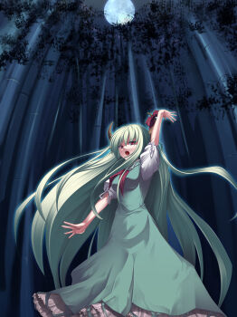 1girl absurdres bamboo bamboo_forest date_hajime ex-keine female_focus forest green_hair highres horn_ornament horn_ribbon horns kamishirasawa_keine long_hair moon nature red_eyes ribbon solo touhou