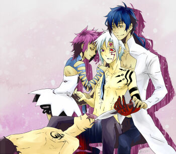 1girl 3boys akira_(lnij21) allen_walker colored_extremities d.gray-man gloves hand_on_another&#039;s_shoulder heterochromia jacket kanda_yuu knife lying multiple_boys on_back open_clothes open_jacket red_hands road_kamelot sitting sitting_on_lap sitting_on_person tattoo topless_male tyki_mikk white_jacket yellow_eyes