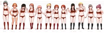 6+girls absurdres breasts bust_chart chart cleavage height_chart highres kamisuki large_breasts lineup lingerie loli medium_breasts multiple_girls plump small_breasts standing thigh_gap underwear