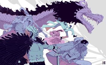 1girl 5boys absurdres aged_down alternate_form charlotte_linlin clenched_hands coat coat_on_shoulders dragon earrings edward_elric epaulettes facial_hair gol_d._roger hat highres holding holding_polearm holding_weapon jewelry kaidou_(one_piece) long_hair long_mustache long_nose looking_ahead mazaochizao monkey_d._garp multiple_boys mustache one_piece planted planted_sword planted_weapon polearm rocks_d._xebec sharp_teeth short_hair sideburns straw_hat sword teeth weapon