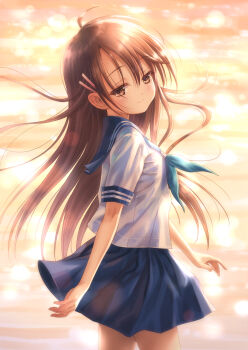 Rule 34 | ahoge, blue neckerchief, blue skirt, blurry, blurry background, blush, brown eyes, brown hair, chair, commission, folding chair, goto p, hair between eyes, hair ornament, hairclip, highres, long hair, looking at viewer, narcissu, neckerchief, ocean, pleated skirt, sakura setsumi, school uniform, serafuku, short sleeves, skeb commission, skirt, smile, turning around