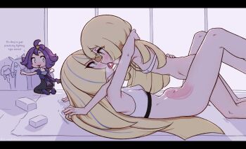 1futa 4girls ? acerola_(pokemon) black_pants blonde_hair blue_eyes bottomless breasts commentary english_commentary english_text french_kiss futa_with_female futanari green_eyes grey_eyes hair_over_one_eye incest indoors kiss large_penis lillie_(pokemon) liveactors loli looking_at_viewer lusamine_(pokemon) lying mother_and_daughter multiple_girls nintendo on_back open_mouth pants penis pokemon pokemon_sm purple_hair purple_shirt see-through_body sex shirt small_breasts sports_bra stomach_bulge strapless tongue tongue_out tube_top