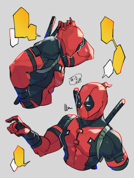 1boy black_bodysuit bodysuit commentary_request deadpool deadpool_(series) grey_background hand_on_own_head hand_up highres marvel momoi_housuke multicolored_bodysuit multiple_views muscular muscular_male red_bodysuit simple_background speech_bubble squiggle superhero_costume two-tone_bodysuit upper_body weapon weapon_on_back