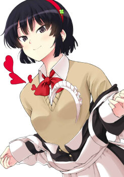 Rule 34 | 1girl, apron, between breasts, black dress, black eyes, black hair, bow, bowtie, breasts, brown cardigan, cardigan, closed mouth, clover, collared shirt, commentary request, cover image, dress, four-leaf clover, hairband, heart, highres, kujou meika, long sleeves, looking at viewer, maid, maid apron, maid headdress, meika-san wa oshikorosenai, red bow, red bowtie, red hairband, saitou shouki, school uniform, shirt, short hair, simple background, small breasts, smile, solo, undressing, upper body, white apron, white background, white shirt