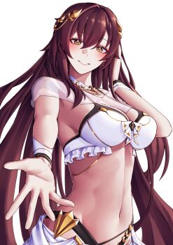 1girl absurdres bikini breasts brown_hair cleavage_cutout clothing_cutout commentary_request eden_(honkai_impact) highres honkai_(series) honkai_impact_3rd korean_commentary large_breasts long_hair looking_at_viewer navel pyeong_il reaching reaching_towards_viewer simple_background smile solo stomach swimsuit very_long_hair white_background white_bikini yellow_eyes
