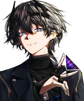 Rule 34 | 1boy, absurdres, ardashir (arknights), arknights, arknights: endfield, black gloves, black hair, black jacket, black shirt, bright pupils, closed mouth, commentary, earrings, gloves, grey eyes, hair between eyes, hair ornament, highres, jacket, jewelry, keshi izumi, lapels, long sleeves, looking at viewer, magic, male focus, partially fingerless gloves, portrait, ring, shirt, short hair, simple background, solo, turtleneck, turtleneck shirt, white background, white pupils