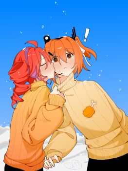 2girls a.i._voice adachi_rei blush closed_mouth commentary drill_hair hair_ribbon headphones headset highres kasane_teto kiss kissing_cheek multiple_girls one_side_up orange_eyes orange_hair outdoors red_hair ribbon snow snowing sweater symbol-only_commentary turtleneck turtleneck_sweater twin_drills utau white_ribbon yellow_sweater yi_xing_luren yuri