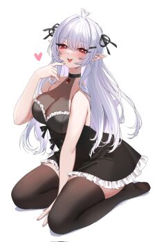 1girl ahoge bare_shoulders black_dress black_ribbon blush breasts bright_pupils corrupted_twitter_file dress eyelashes frilled_dress frills heart highres indie_virtual_youtuber kazeki_(vtuber) kneeling long_hair looking_at_viewer nemuaki open_mouth pointy_ears red_eyes ribbon second-party_source see-through_cleavage see-through_clothes shadow simple_background smile solo thighhighs virtual_youtuber white_background white_hair white_pupils