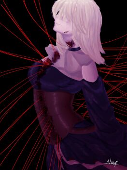 1girl absurdres bang_dream! bang_dream!_it's_mygo!!!!! black_background black_dress blonde_hair blood blood_on_clothes blood_on_face brown_corset clothing_cutout commentary corset doloris_(bang_dream!) dress highres injury long_sleeves medium_hair misumi_uika nikkolf shoulder_cutout signature simple_background solo sophie_(bang_dream!) string string_of_fate