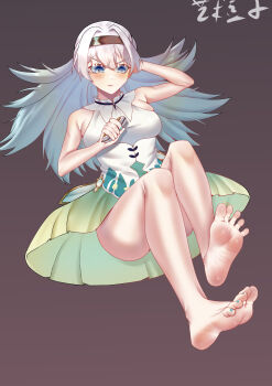1girl absurdres barefoot blue_eyes blush feet firefly_(honkai:_star_rail) hairband highres honkai:_star_rail honkai_(series) long_hair soles toes white_hair yishudouzi