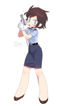 1girl aiguillette batman_(series) belt blue_eyes blush brown_hair dc_comics dick_grayson epaulettes genderswap genderswap_(ftm) gloves highres kojirou_(mesurf1) mask necktie police police_uniform policewoman robin_(batrobin_k) robin_(dc) short_hair simple_background skirt white_background white_gloves