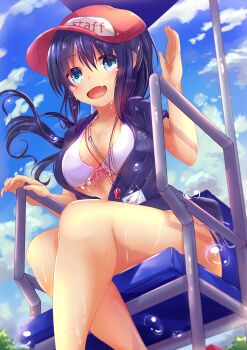 Rule 34 | 1girl, baseball cap, bikini, bikini under clothes, black hair, blue eyes, chair, day, female focus, hat, highres, jacket, lifeguard, lifeguard chair, long hair, name tag, open mouth, original, side-tie bikini bottom, sitting, sky, smile, solo, swimsuit, swimsuit under clothes, waruwarutsu, whistle