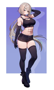 1girl abs absurdres arm_belt bare_shoulders belt belt_collar blonde_hair boots breasts chest_belt collar commission commissioner_upload crop_top elbow_gloves eyelashes eyepatch gloves grey_eyes hair_over_one_eye hair_ribbon hand_in_own_hair highres large_breasts long_bangs long_hair looking_at_viewer lydia_macarthur muscular muscular_female navel non-web_source original petite ponytail ribbon scar shorts simple_background sleeveless solo thighhighs thighs wayanfa
