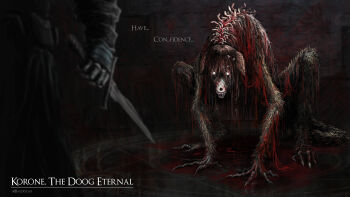 animal_ears artist_name baloolax blood blood-starved_beast blood-starved_beast_(cosplay) bloodborne braid claws cosplay crossover dog_ears english_text fullmetal_alchemist guro highres holding holding_weapon hololive horror_(theme) hunter_(bloodborne) inugami_korone magic_circle monster nina_tucker skull twin_braids virtual_youtuber weapon white_eyes