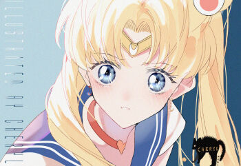 1girl absurdres artist_name bishoujo_senshi_sailor_moon blonde_hair blue_background blue_eyes blue_sailor_collar cheryl_qaq choker circlet crescent crescent_earrings derivative_work double_bun earrings eyelashes gold_circlet hair_bun hair_ornament hair_over_shoulder heart heart_choker highres jewelry leotard light_blush long_hair looking_to_the_side magical_girl meme parted_bangs parted_lips red_choker sailor_collar sailor_moon sailor_moon_redraw_challenge_(meme) screenshot_redraw solo tsukino_usagi twintails upper_body watermark white_leotard