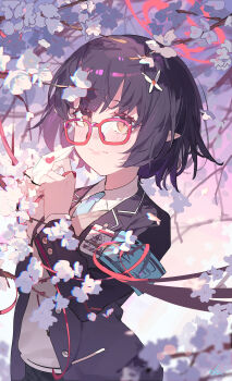 1girl absurdres armband ayane_(blue_archive) bilibalakonglijiwa black_hair black_jacket blue_archive blue_armband blue_necktie blush brown_eyes brown_sweater closed_mouth collared_shirt flower glasses halo highres holding holding_letter jacket letter looking_at_viewer necktie pointy_ears red-framed_eyewear red_halo shirt short_hair sidelocks solo sweater white_flower white_shirt