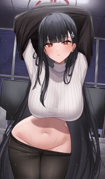 1girl absurdres arms_up black_hair black_halo black_pantyhose blue_archive breasts bright_pupils ceiling clothes_pull commentary commentary_request commission cowboy_shot desk english_commentary gluteal_fold grey_sweater groin hair_behind_ear hair_ornament hairclip halo highres honome_sui indoors large_breasts light_blush long_hair looking_at_viewer mixed-language_commentary monitor multiple_monitors navel pantyhose pantyhose_pull parted_lips partial_commentary pixiv_commission red_eyes revision ribbed_sweater rio_(blue_archive) solo standing stomach sweat sweater teeth thigh_gap tile_ceiling tiles turtleneck undressing very_long_hair white_pupils window