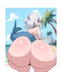 1girl animated ass ass_focus ass_shake beach bikini black_eyes blue_eyes blue_hair blurry blurry_background border cloud cloudy_sky female_focus fish_tail gawr_gura grass hair_ornament head_tilt hololive hololive_english huge_ass looking_at_viewer medium_hair monkechrome mountain nature open_mouth outdoors palm_tree revealing_clothes shark_girl shark_hair_ornament shark_tail sharp_teeth shiny_skin sky sound standing sweat sweatdrop swimsuit tagme tail tail_wagging teeth thick_thighs thigh_gap thighs tree video virtual_youtuber water white_bikini white_border white_hair