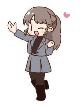 1girl ;d absurdres black_boots black_pantyhose black_sweater blush boots brown_hair deformed formal_clothes fujishima_megumi fujishima_megumi_(post-graduation) full_body grey_jacket grey_skirt heart hellomegu! highres jacket kanzaki_gou knee_boots leg_up link!_like!_love_live! long_hair love_live! miniskirt one_eye_closed open_clothes open_jacket open_mouth pantyhose pleated_skirt ponytail purple_eyes simple_background skirt skirt_suit smile solo suit suit_jacket sweater turtleneck turtleneck_sweater virtual_youtuber white_background |_|