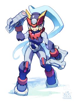 1girl armor ashe_(mega_man) blue_hair dual_wielding full_body green_eyes gun helmet high_ponytail highres holding holding_gun holding_weapon mega_man_(series) mega_man_zx mega_man_zx_advent model_a_(mega_man) parted_lips ponytail red_helmet simple_background smirk solo teeth tsuchibori weapon white_background