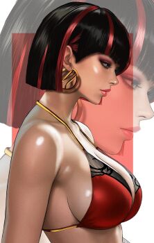1girl alternate_breast_size_(larger) anna_williams bare_shoulders black_hair blue_eyes bob_cut bra breasts cleavage commentary earrings from_side highres jewelry kittymiya large_breasts lipstick makeup multicolored_hair namco red_bra red_hair sideboob solo symbol-only_commentary tekken tekken_8 underwear