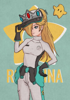 Rule 34 | 1girl, biker clothes, bikesuit, blonde hair, blue eyes, bodysuit, breasts, clothes around waist, crown, crown hat, earrings, gloves, grey racing suit, hashtag-only commentary, highres, jacket, jacket around waist, jewelry, long hair, mach rocket (mario), mario (series), mario kart, mario kart tour, nintendo, racing suit, rosalina, rosalina (pro racer), shirt, star (symbol), star earrings, tight clothes, tight shirt