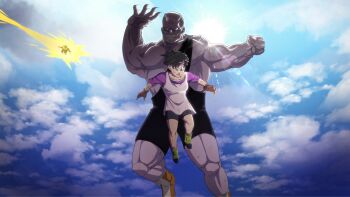 Rule 34 | 1girl, 2boys, aura, bike shorts, dragon ball, dragonball z, flying, grabbing another's head, hanging legs, highres, imminent attack, multiple boys, ryona, saiyan, son gohan, spopovich, super saiyan, super saiyan 1, tenaryth, torn bike shorts, torn clothes, videl