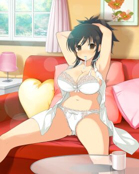 1girl armpits arms_behind_head arms_up asuka_(senran_kagura) black_hair blush body_blush bow bow_bra bow_panties bra breasts brown_eyes cleavage couch cup day desk_lamp dressing hair_tie_in_mouth hand_in_own_hair hands_in_own_hair heart heart-shaped_pillow heavy_lens_flare holding holding_own_hair lace lace-trimmed_bra lace-trimmed_panties lace_trim lamp large_breasts lens_flare looking_at_viewer mouth_hold mug navel official_art on_couch open_clothes open_shirt painting_(object) panties pillow pink_pillow ponytail red_pillow ribbon ribbon_in_mouth senran_kagura senran_kagura_new_wave senran_kagura_shoujo-tachi_no_shin&#039;ei shiny_skin shirt short_hair short_ponytail sitting sleeveless sleeveless_shirt solo sunlight table tree tying_hair underwear white_bra white_panties white_ribbon white_shirt window yellow_pillow