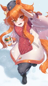 1girl absurdres animal_ears black_boots black_leggings blush boots bow can carrot coat commentary drink_can ear_bow english_commentary hair_between_eyes hat highres holding holding_can horse_ears horse_girl horse_tail incloud leggings long_hair long_sleeves looking_at_viewer mayano_top_gun_(umamusume) open_mouth orange_eyes orange_hair orange_tail red_scarf salute scarf smile solo tail teeth two_side_up umamusume white_coat winter_clothes winter_coat