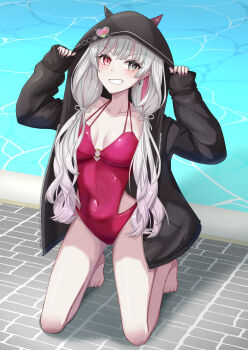 1girl absurdres black_jacket breasts casual_one-piece_swimsuit commentary_request covered_navel full_body grey_eyes grey_hair grin hair_ornament heterochromia highres hood hood_up hooded_jacket horns ishigami_nozomi jacket jacket_over_swimsuit long_hair looking_at_viewer low_twintails medium_breasts multicolored_hair nijisanji o-ring o-ring_swimsuit one-piece_swimsuit oriber00 pool poolside red_eyes red_swimsuit smile solo streaked_hair swimsuit twintails virtual_youtuber water