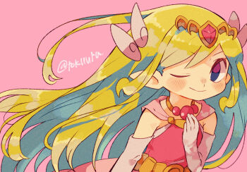 1girl ;) artist_name blonde_hair commentary_request dress elbow_gloves gloves highres jewelry long_hair necklace nintendo one_eye_closed pink_background pink_dress pointy_ears princess_zelda simple_background smile solo the_legend_of_zelda the_legend_of_zelda:_the_wind_waker tiara tokuura toon_zelda twitter_username white_gloves