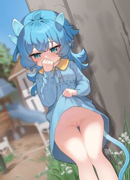 1girl absurdres against_wall blue_dress blue_eyes blue_hair blush breasts censored commentary_request dress facing_viewer feet_out_of_frame female_focus freehoney hair_between_eyes hand_to_own_mouth highres lifting_own_clothes loli long_hair long_sleeves mosaic_censoring no_panties original outdoors puffy_long_sleeves puffy_sleeves pussy rurume_(freehoney) small_breasts solo standing tail thigh_gap variant_set