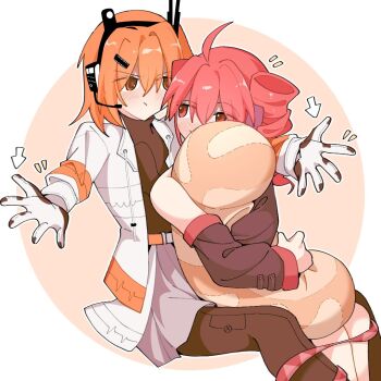 2girls a.i._voice adachi_rei baguette blush bread coat detached_sleeves drill_hair food gloves hugging_object kasane_teto multiple_girls pillow pillow_hug red_eyes red_hair twin_drills utau white_gloves yi_xing_luren yuri