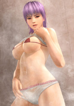 1girl 3d ayane_(doa) bikini breasts clothes_lift dead_or_alive dead_or_alive_xtreme_3_fortune female_focus large_breasts micro_bikini official_art panties shirt_lift sideboob solo swimsuit underboob underwear wet