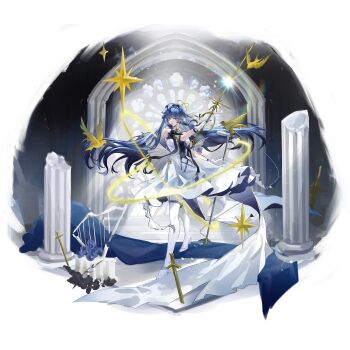 1girl absurdres arknights astesia_(arknights) astesia_(frlibe_on_the_palace)_(arknights) bird blue_eyes blue_hair bright_pupils chaowuwanjiushui dress full_body hair_ornament harp high_heels highres holding holding_microphone_stand holding_sword holding_weapon instrument long_hair microphone microphone_stand orbital_ring pantyhose pillar planted planted_sword planted_weapon shine solo standing star_(symbol) sword very_long_hair weapon white_dress white_pantyhose