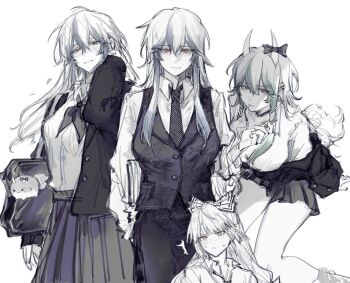 1203527227 2girls ^^^ alternate_costume bag blazer bow breasts character_charm charm_(object) chinese_commentary cigarette commentary contemporary crossdressing crossdressing_(ftm) dress_shirt ex-keine falling_petals fujiwara_no_mokou greyscale gyaru hair_between_eyes highres horn_bow horn_ornament horns jacket kamishirasawa_keine kamishirasawa_keine_(hakutaku) kogal large_breasts light_smile long_hair miniskirt monochrome multiple_girls multiple_views necktie petals pleated_skirt school_bag school_uniform shirt simple_background skirt straight_hair sukusuku_hakutaku tail touhou tucking_hair unlit_cigarette_in_mouth very_long_hair vest white_background