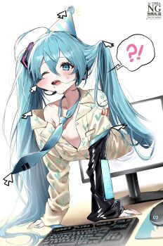 !? 1girl blush computer_keyboard cursor detached_sleeves hat hatsune_miku headset highres isono_(isonoproject) long_hair monitor necktie one_eye_closed open_mouth shirt simple_background solo through_medium through_screen twintails very_long_hair vocaloid white_background